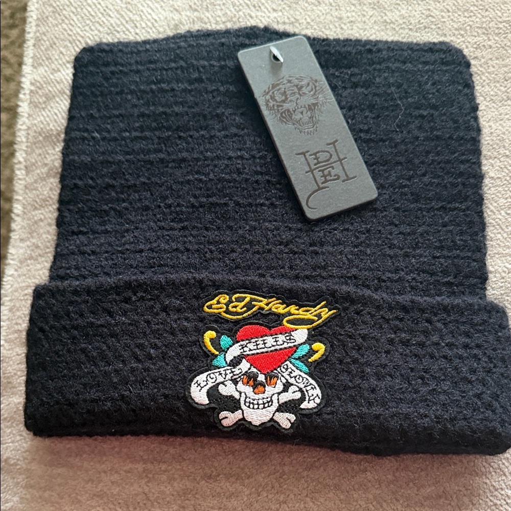 Ed Hardy Black Beanie with Skull Design